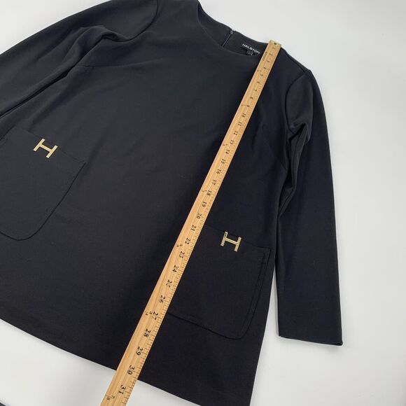Halston Long Sleeve Tunic Top Size Large Womens Solid Black Gold Detail Blouse L - Picture 6 of 7